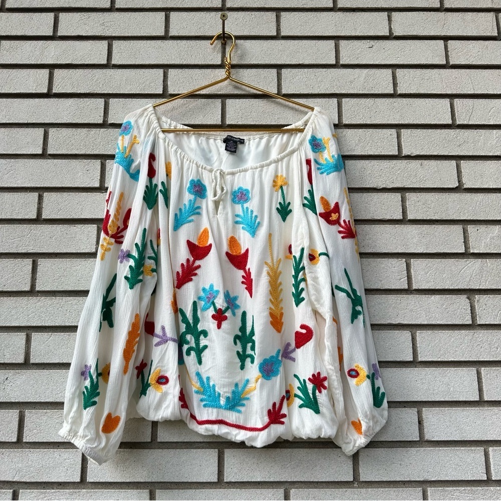 Chelsea & Theodore White Embroidered Boho Peasant Blouse XL Resort Coastal Top